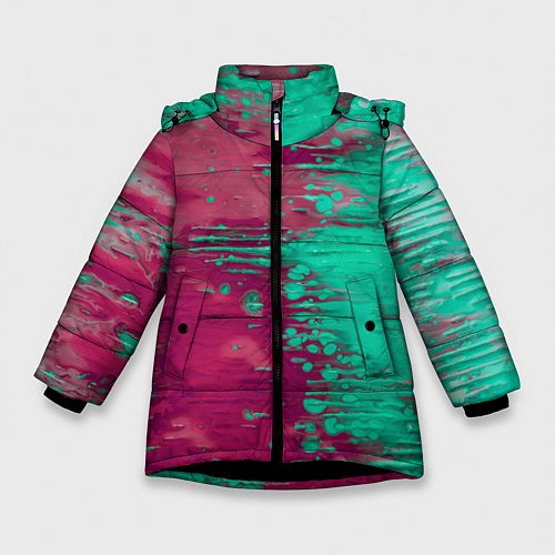 Зимняя куртка для девочки Светло-розовые и зелёные краски растекаются / 3D-Черный – фото 1