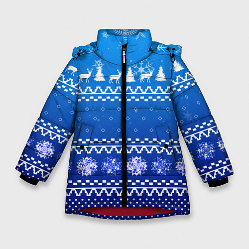 Зимняя куртка для девочки Новогодний узор на синем фоне / 3D-Красный – фото 1