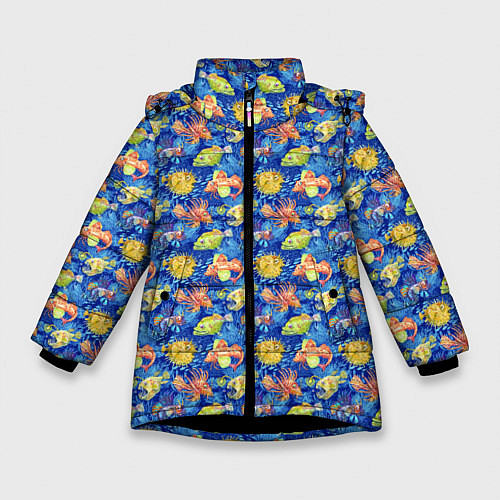 Зимняя куртка для девочки Смешные рыбы / 3D-Черный – фото 1