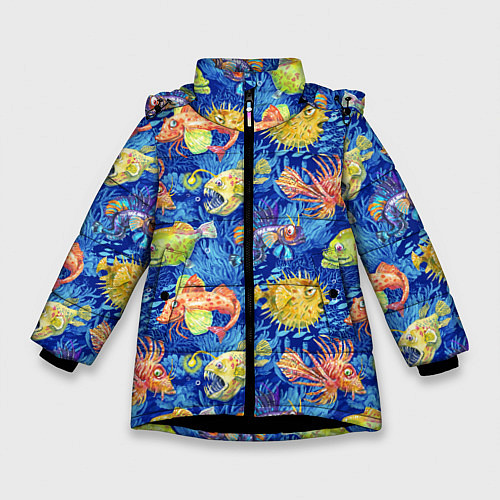 Зимняя куртка для девочки Большие акварельные рыбы / 3D-Черный – фото 1