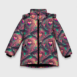 Куртка зимняя для девочки Паттерн сердца и узоры, цвет: 3D-черный