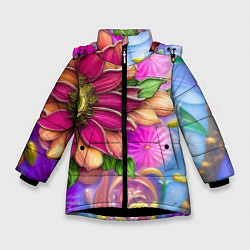Куртка зимняя для девочки Розовый цветок стеклянный орнамент, цвет: 3D-черный