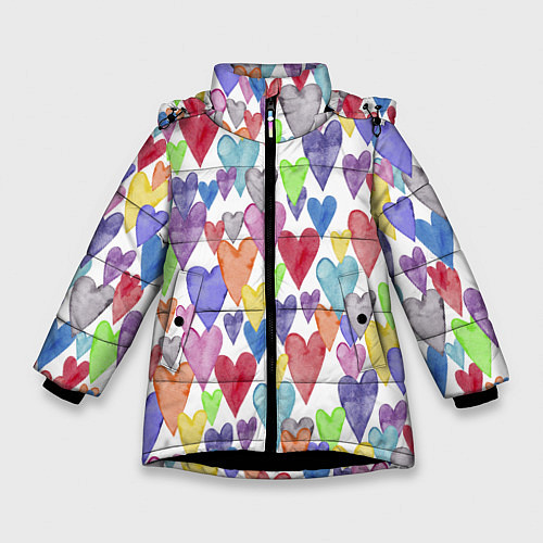 Зимняя куртка для девочки Разноцветные сердечки Калейдоскоп / 3D-Черный – фото 1