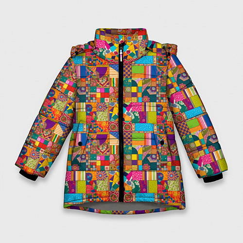 Зимняя куртка для девочки Лоскутное шитье, рисовала нейросеть / 3D-Светло-серый – фото 1