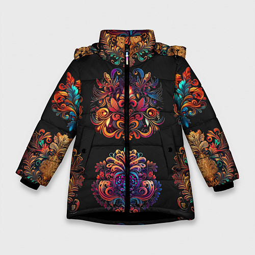 Зимняя куртка для девочки Русские орнаменты неон / 3D-Черный – фото 1