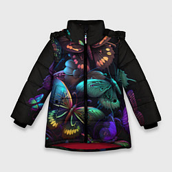 Куртка зимняя для девочки Разные неоновые бабочки, цвет: 3D-красный