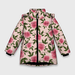 Зимняя куртка для девочки Акварельные розы на бежевом - паттерн