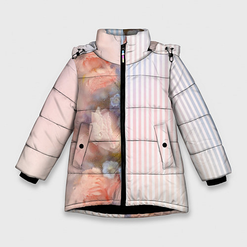 Зимняя куртка для девочки Цветы за стеклом - полосы с градиентом / 3D-Черный – фото 1