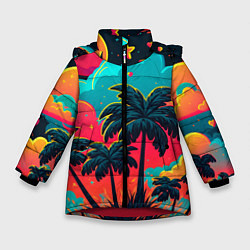 Куртка зимняя для девочки Неоновые пальмы на закате, цвет: 3D-красный