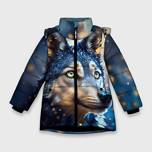 Зимняя куртка для девочки Волк на синем фоне / 3D-Черный – фото 1