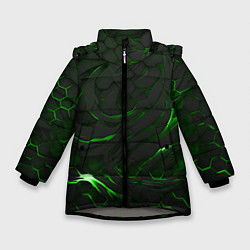 Куртка зимняя для девочки Разломленные плиты с зеленым пламенем, цвет: 3D-светло-серый