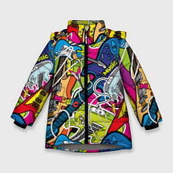 Куртка зимняя для девочки Guitars - pop art pattern, цвет: 3D-светло-серый
