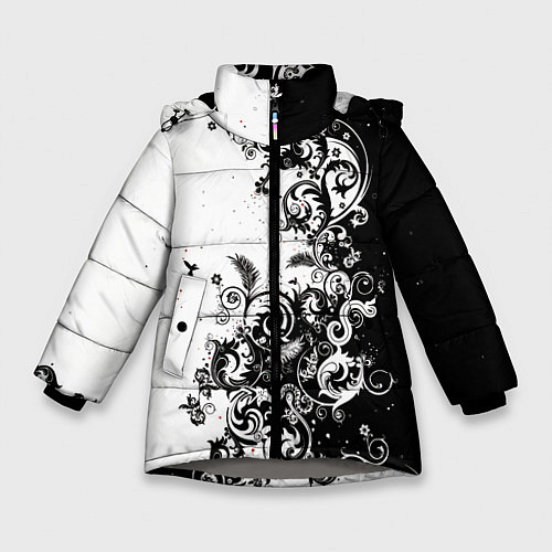 Зимняя куртка для девочки Черно-белая птица среди узорчатых цветов / 3D-Светло-серый – фото 1