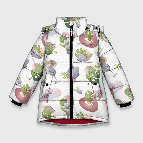 Зимняя куртка для девочки Пляжный паттерн с коктейлями и фламинго / 3D-Красный – фото 1