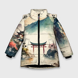 Зимняя куртка для девочки Японский пейзаж - акварель