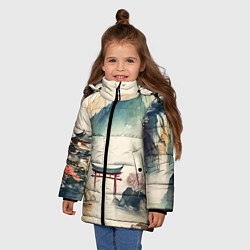 Куртка зимняя для девочки Японский пейзаж - акварель, цвет: 3D-черный — фото 2