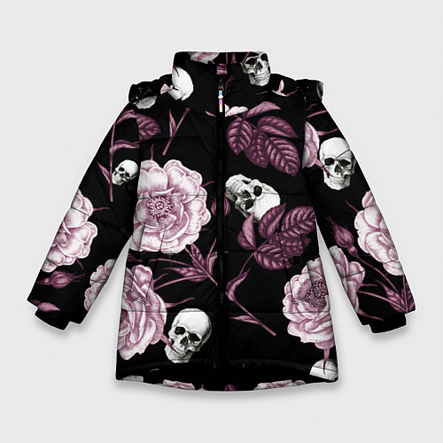 Зимняя куртка для девочки Розовые цветы с черепами / 3D-Черный – фото 1