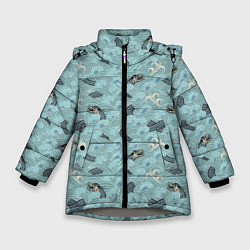 Куртка зимняя для девочки Японский дракон на волнах паттерн, цвет: 3D-светло-серый