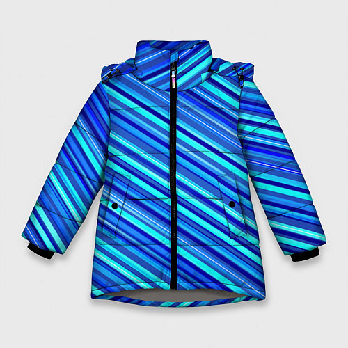 Зимняя куртка для девочки Сине голубые узорчатые полосы / 3D-Светло-серый – фото 1
