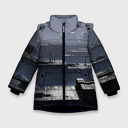 Зимняя куртка для девочки Тёмный металлический город будущего / 3D-Черный – фото 1