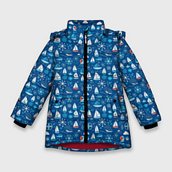 Куртка зимняя для девочки Кораблики синий фон, цвет: 3D-красный