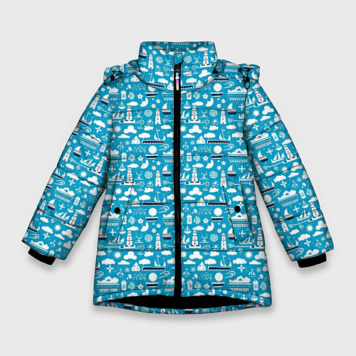 Зимняя куртка для девочки Маяк и кораблик паттерн / 3D-Черный – фото 1