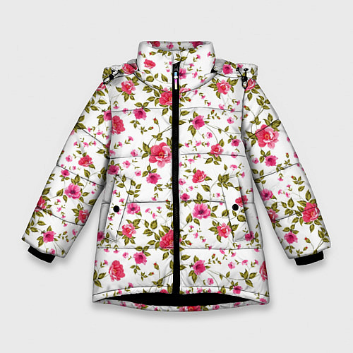 Зимняя куртка для девочки Розовые цветы на белом фоне / 3D-Черный – фото 1