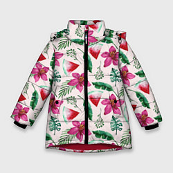 Зимняя куртка для девочки Арбузы, цветы и тропические листья
