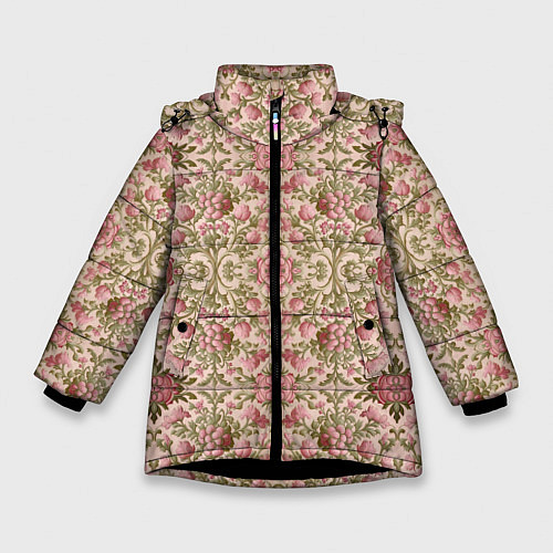 Зимняя куртка для девочки Розовые цветы и вензеля / 3D-Черный – фото 1