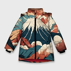 Куртка зимняя для девочки Ретро Фудзияма, цвет: 3D-красный