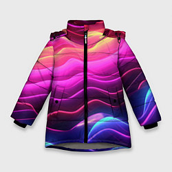 Куртка зимняя для девочки Розовые и фиолетовые неоновые волны, цвет: 3D-светло-серый