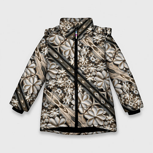 Зимняя куртка для девочки Бежевые деревянные цветы / 3D-Черный – фото 1