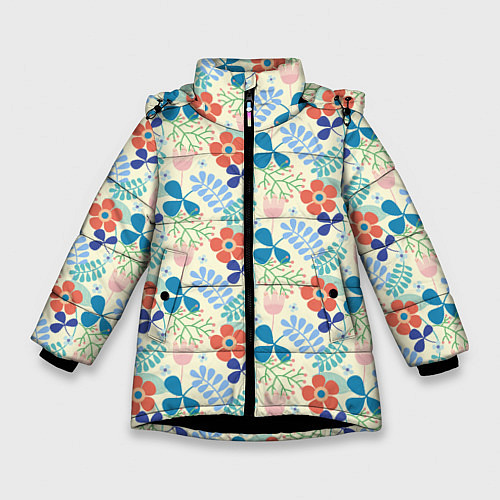 Зимняя куртка для девочки Цветочки листочки / 3D-Черный – фото 1