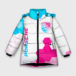 Куртка зимняя для девочки Porsche neon gradient style: надпись, символ, цвет: 3D-черный