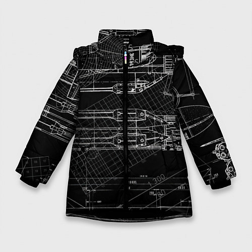 Зимняя куртка для девочки Чертеж ракеты на чёрном фоне / 3D-Черный – фото 1