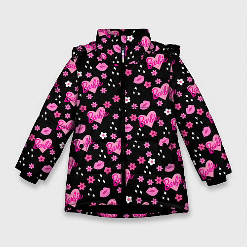 Зимняя куртка для девочки Черный фон, барби и цветы / 3D-Черный – фото 1