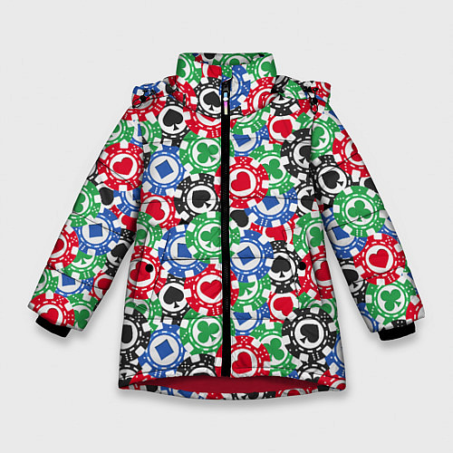 Зимняя куртка для девочки Фишки, Ставки, Покер / 3D-Красный – фото 1