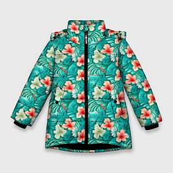 Куртка зимняя для девочки Летние цветочки паттерн, цвет: 3D-черный