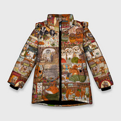 Куртка зимняя для девочки Коллаж из сказочных зверей - совы, белки, ёжики, цвет: 3D-черный