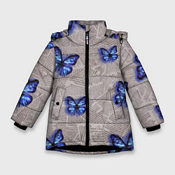 Зимняя куртка для девочки Газетные обрывки и синие бабочки