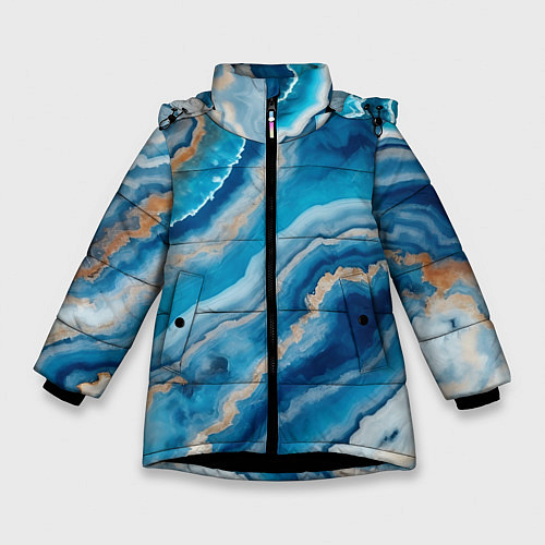 Зимняя куртка для девочки Текстура голубого океанического агата / 3D-Черный – фото 1