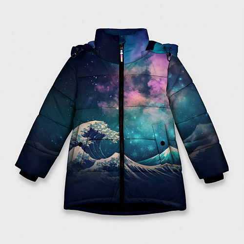 Зимняя куртка для девочки Космическая Большая волна в Канагаве / 3D-Черный – фото 1