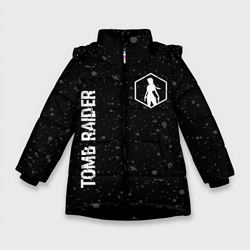 Зимняя куртка для девочки Tomb Raider glitch на темном фоне: надпись, символ / 3D-Черный – фото 1