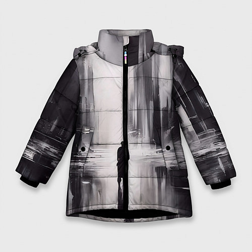 Зимняя куртка для девочки Большой мрачный город с силуэтом человека / 3D-Черный – фото 1