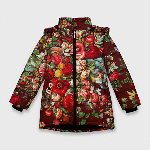 Зимняя куртка для девочки Платок цветочный узор / 3D-Черный – фото 1