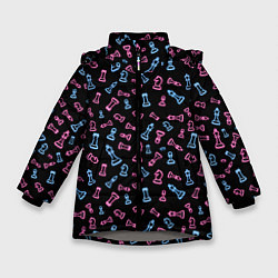 Куртка зимняя для девочки Неоновые розовые и голубые шахматные фигуры на чер, цвет: 3D-светло-серый