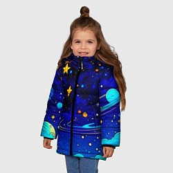 Куртка зимняя для девочки Мультяшный космос темно-синий, цвет: 3D-черный — фото 2