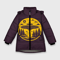 Куртка зимняя для девочки Инопланетное вторжение летающая тарелка, цвет: 3D-светло-серый