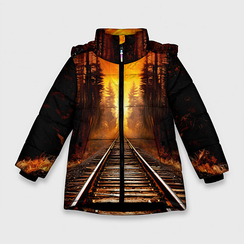 Зимняя куртка для девочки Железная дорога на закате / 3D-Черный – фото 1
