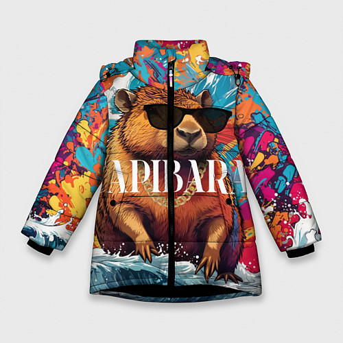 Зимняя куртка для девочки Капибара в очках на красочных волнах / 3D-Черный – фото 1